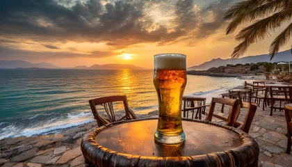 Schilderijen op glas Sipping a fresh beer waiting to admire the fantastic sunset on the beach cafe © Callow