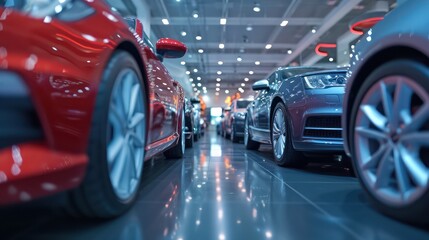 Car showroom concept background showcasing a close-up of a new car ready for purchase