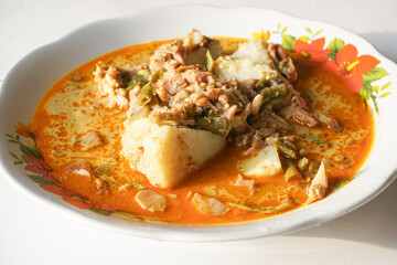 Lontong sayur or vegetable rice cake is a typical Indonesian food on a white plate with an isolated white background