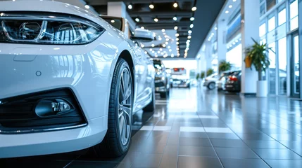 Fotobehang Car showroom concept background showcasing a close-up of a new white car ready for purchase © Matthew