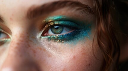 Obraz premium A closeup of a womans face, her eyelids adorned with different shades of blue and green eyeshadow, creating a stunning peainspired eye look.