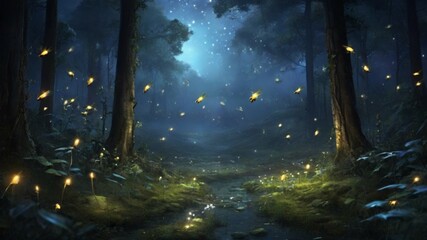 A dreamy fantasy forest full of fireflies 