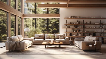 Fototapeta premium A Minimalist interior design of Mid-century loft home in a clear loft modern living room in house in forest. a room with morning sunlight streaming through the window.