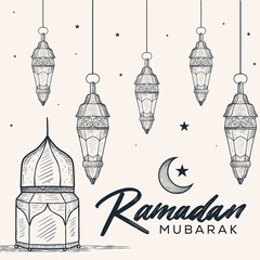 hand drawn ramadan mubarak illustration with lanterns