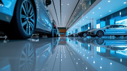 Car showroom concept background showcasing a close-up of a new car ready for purchase - obrazy, fototapety, plakaty