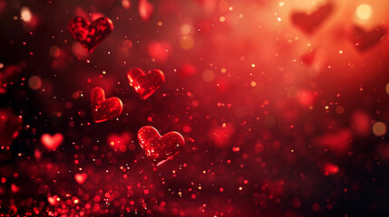 valentine day background with red hearts selective focus and bokeh