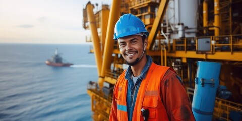 Portrait of a man oil rig worker with a helmet in front of the offshore rig