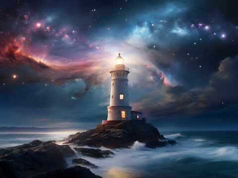Immerse yourself in a celestial lighthouse stationed in the midst of cosmic waves, guiding imaginary ships through vast nebulae. 