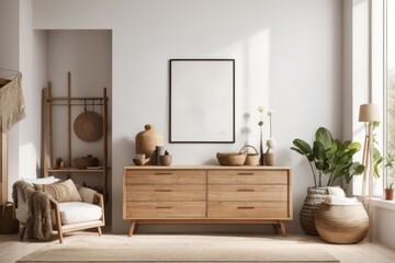 Bohemian interior home design of living room with wooden dresser and empty poster frame mockup