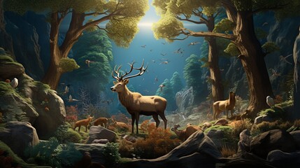 Capture the intricate details of a mesmerizing 3D rendering of a wildlife photography exhibit, featuring digitally recreated scenes of animals in their natural habitats.