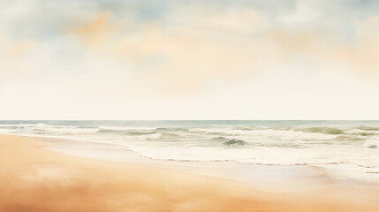 Fototapeta na wymiar A digital watercolor of a quiet beach, the subtle gradient of the sand meeting the sea in calming