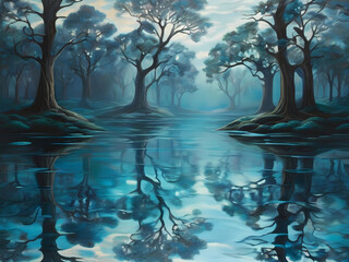 Immerse yourself in an enchanting forest dreamscape with a pattern featuring trees reflected in tranquil waters.