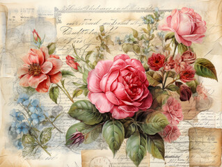 Victorian botanical illustration of roses and forget-me-nots over handwritten letters and stamps