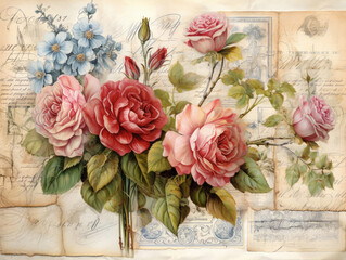 Vintage botanical illustration of roses and forget-me-nots over handwritten letters and stamps