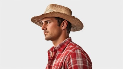 Agriculture, Confident Farmer Wearing a wide-brimmed hat and a red striped shirt, standing looking at the camera, isolated on a white transparent background.