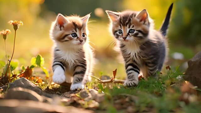 Two cute little kittens walking down a path with green grass Generative AI