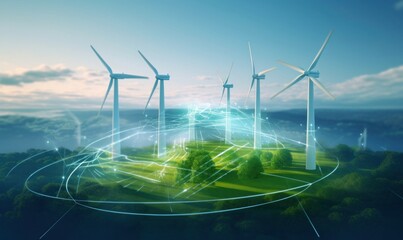 Green energy power production it is future. Windmill and graphic diagram of air currents that produce green energy, Generative AI  - obrazy, fototapety, plakaty