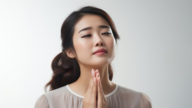 A Portrait of a young Asian woman pleading on a white isolated transparent background.