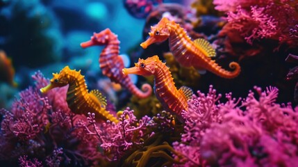 Obraz premium Schools of neon orange and pink seahorses bring an unexpected splash of color to the usually muted seafloor blending in with the vibrant coral around them