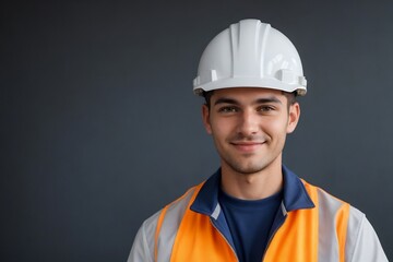 Handsome industrial engineer wearing a Hi-Vis jacket and white helmet, confidently smiling and looking at the camera, isolated background with copy space. - obrazy, fototapety, plakaty