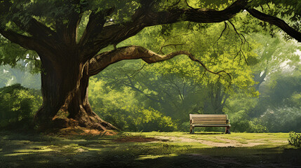 A flat design vignette of a park bench under an old tree