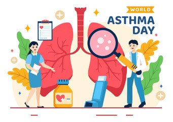 World Asthma Day Vector Illustration on May 2 with Inhaler, Medical Equipment and Health Prevention Lungs in Healthcare Flat Cartoon Background - obrazy, fototapety, plakaty