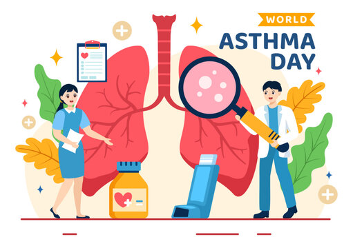 World Asthma Day Vector Illustration on May 2 with Inhaler, Medical Equipment and Health Prevention Lungs in Healthcare Flat Cartoon Background
