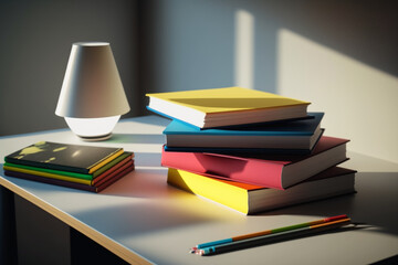 A book pile close up on a study desk. Front view pile book. Stack of colorful books on study table