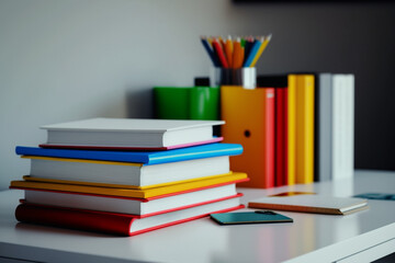 A book pile close up on a study desk. Front view pile book. Stack of colorful books on study table