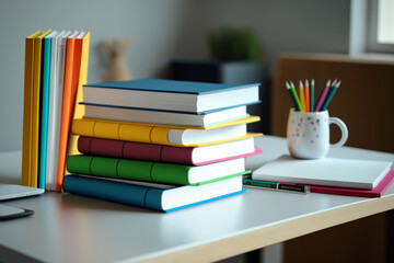 A book pile close up on a study desk. Front view pile book. Stack of colorful books on study table