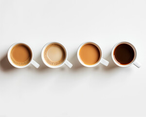 overhead view of five white cups with coffee different shades of cream-colored coffee liquid. white background, in the style of minimalism