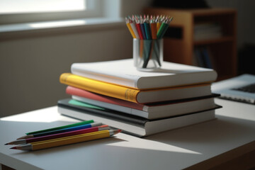 A book pile close up on a study desk. Front view pile book. Stack of colorful books on study table