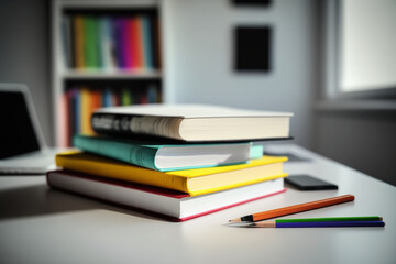 A book pile close up on a study desk. Front view pile book. Stack of colorful books on study table