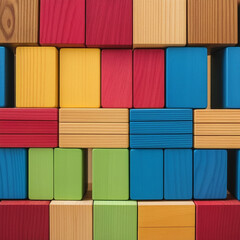 Colorful wooden building blocks neatly arranged together, puzzle concept, abstract background
