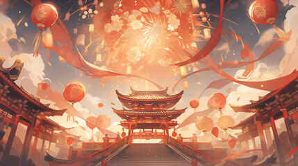 Digital art depicting a vibrant Chinese temple with soaring lanterns and fireworks, evoking a festive atmosphere.
