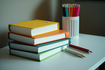 A book pile close up on a study desk. Front view pile book. Stack of colorful books on study table