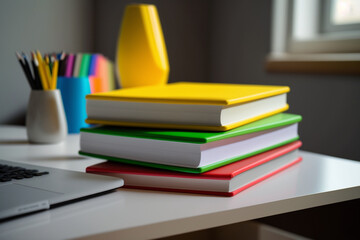 A book pile close up on a study desk. Front view pile book. Stack of colorful books on study table