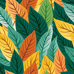 Fototapeta na wymiar Seamless Pattern of Green, Yellow, and Red Leaves