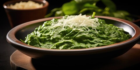 A comforting bowl of creamy spinach, its dreamy texture mingling with the subtle tang of Parmesan cheese, creating a harmonious symphony of flavors.