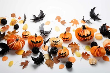Naklejka na ściany i meble halloween paper pumpkins, leaves and spooky images, isolated on white, in the style of shaped canvas, selective focus, kawaii chic, photo taken with shapes