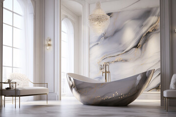 Luxurious Minimalist Bathroom with Pearlescent Marble Countertops and Bathtub