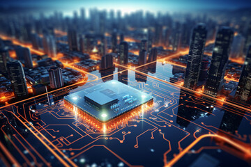 Technology Concept. A Smart City on a Circuit Board - obrazy, fototapety, plakaty