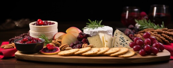 A festive holiday charerie board features a generous portion of cranberry relish nestled next to an assortment of aged cheeses. Its vibrant hue and tangy aroma entice guests to slather it