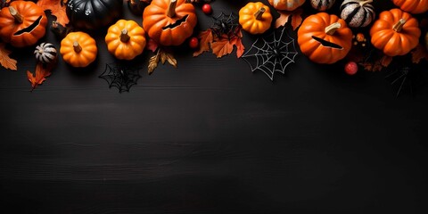 Happy halloween flat lay mockup with pumpkins and spider web on black background