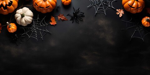 Happy halloween flat lay mockup with pumpkins and spider web on black background - obrazy, fototapety, plakaty