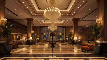 a grand hotel lobby displaying a majestic chandelier - obrazy, fototapety, plakaty