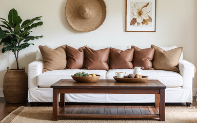 Rustic wooden coffee table near a white sofa adorned with leather pillows, showcasing a farmhouse and ethnic-style home interior design in a modern living room.