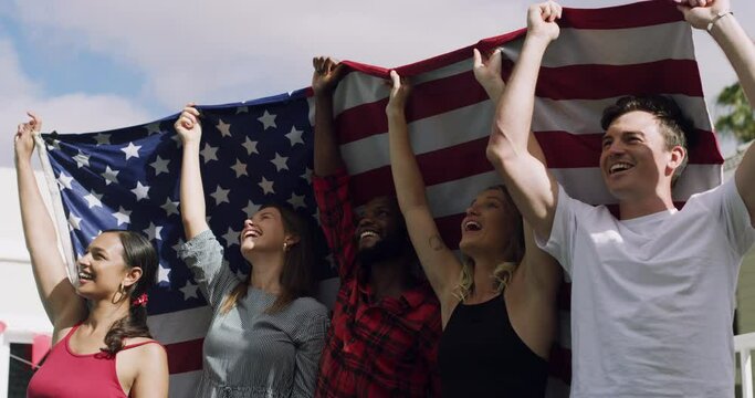 American flag, people and patriotic for country, support and labour day celebration in house. Friends, weekend and happy together for holiday, unity or sing national anthem for fun, standing or group