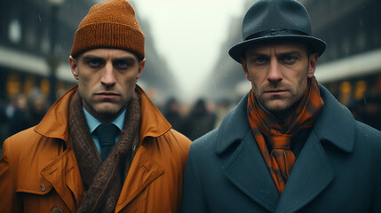 Two serious looking Eastern European men dressed in working class style - street - March - sharp faces - close-up shot  - obrazy, fototapety, plakaty