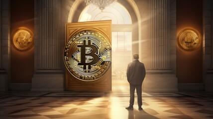 a businessman stands at the threshold of giant golden doors emblazoned with the bitcoin symbol, overlooking a futuristic cityscape